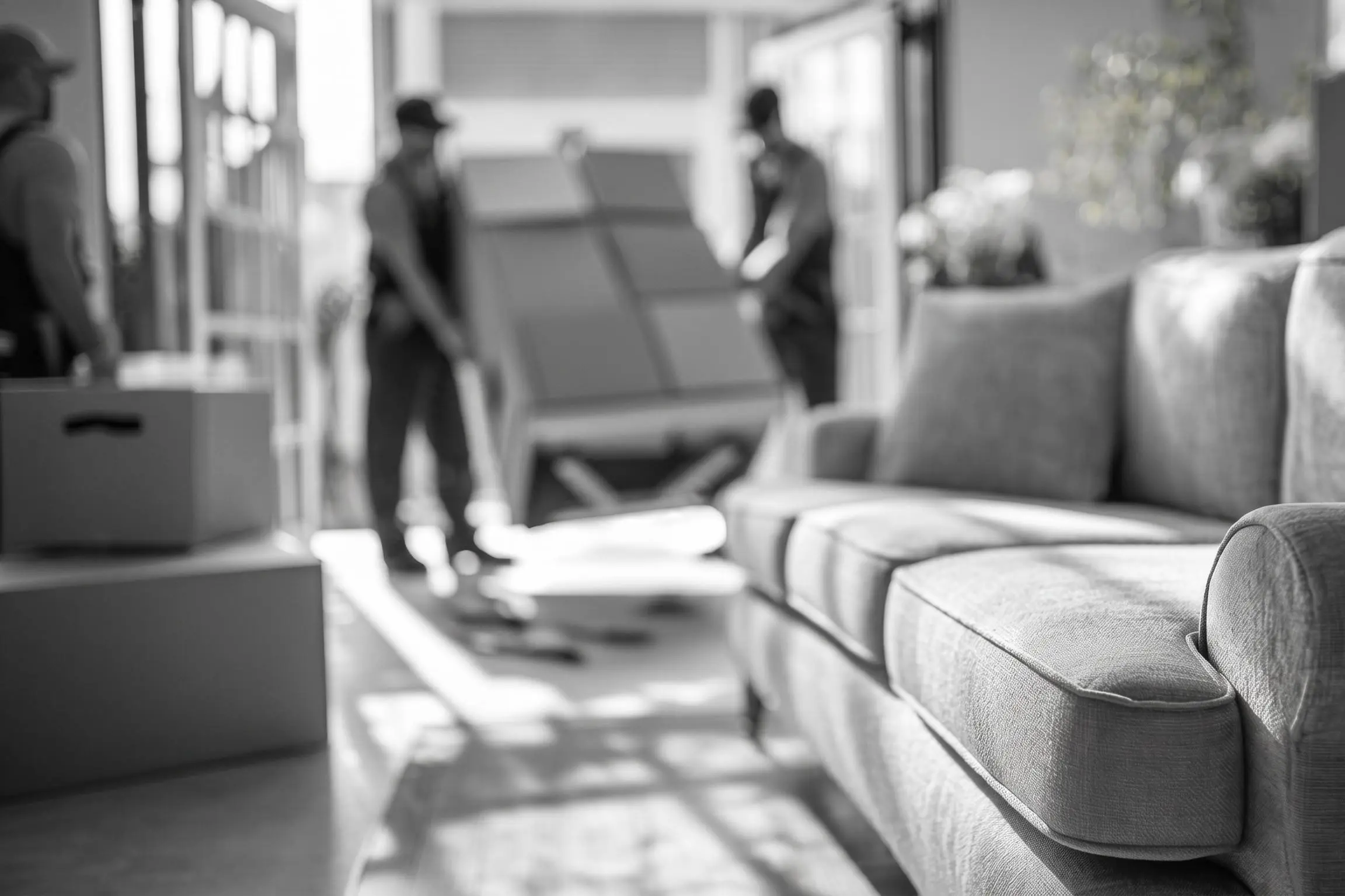 Squadra logistica BEHOME impegnata nel trasporto di mobili all'interno di una casa, a dimostrazione del servizio di consegna e ritiro su misura progettato per superare ogni ostacolo strutturale.