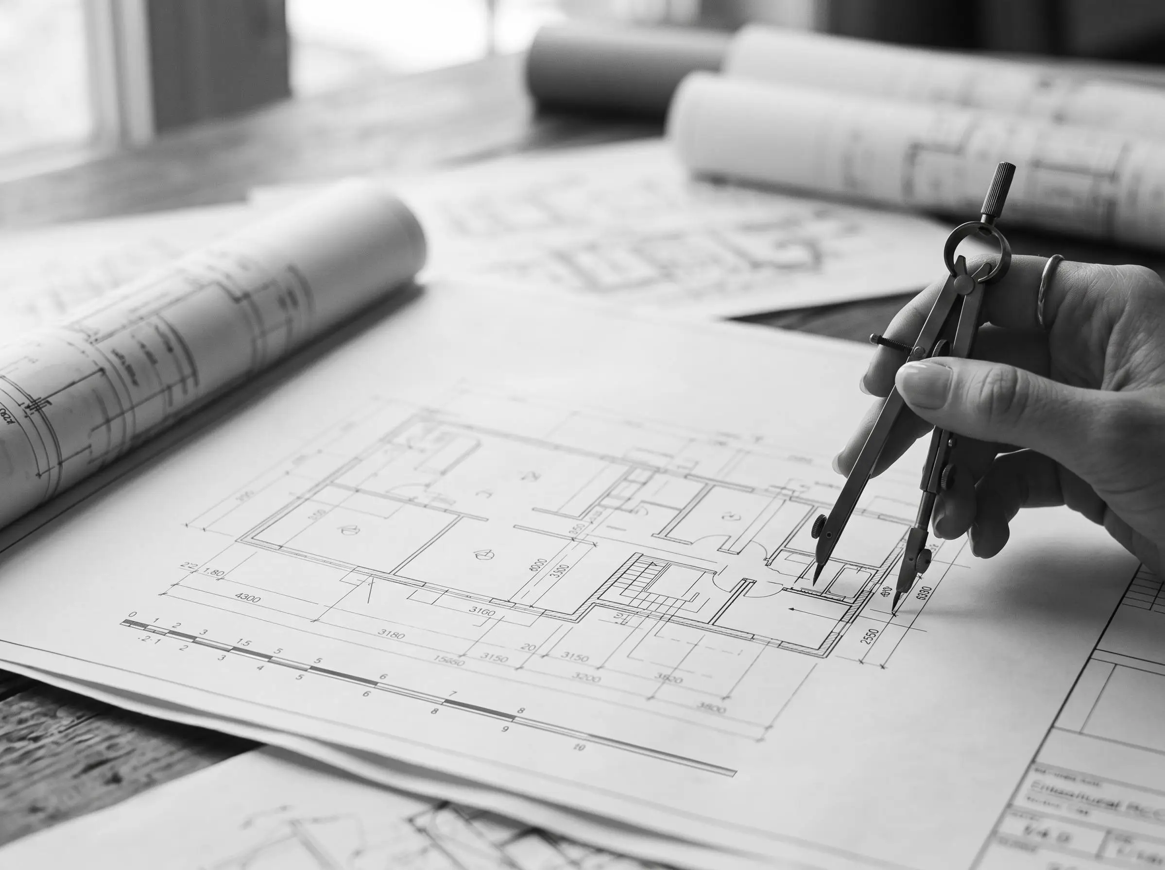 Dettaglio di una mano che utilizza un compasso su una piantina architettonica, illustrando lo studio e la progettazione millimetrica degli spazi realizzata dagli specialisti BEHOME.