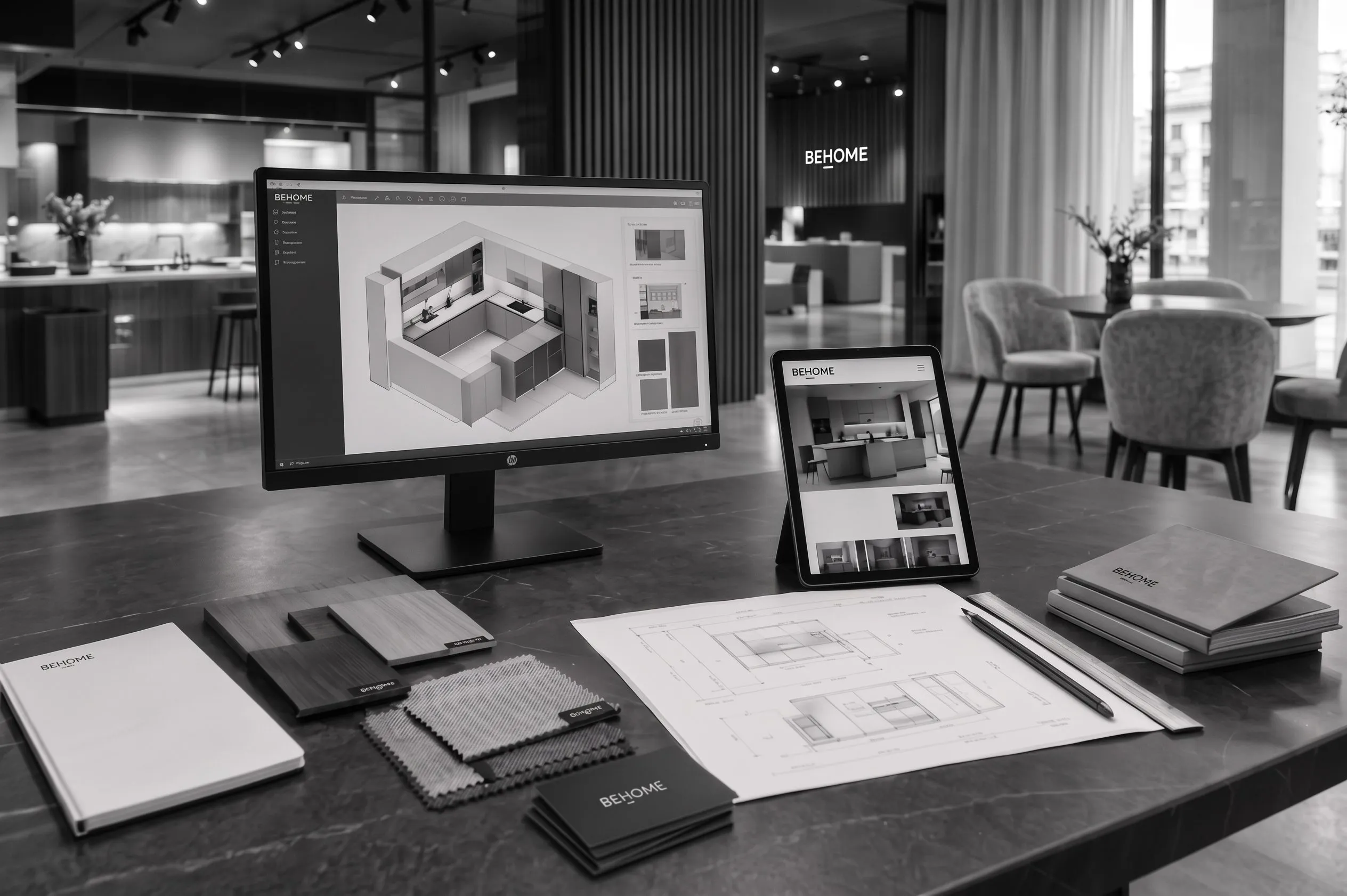Schermo di un computer sulla scrivania di uno showroom che mostra il render 3D dettagliato di una cucina moderna, illustrando l'innovativo servizio di progettazione tridimensionale offerto da BEHOME.