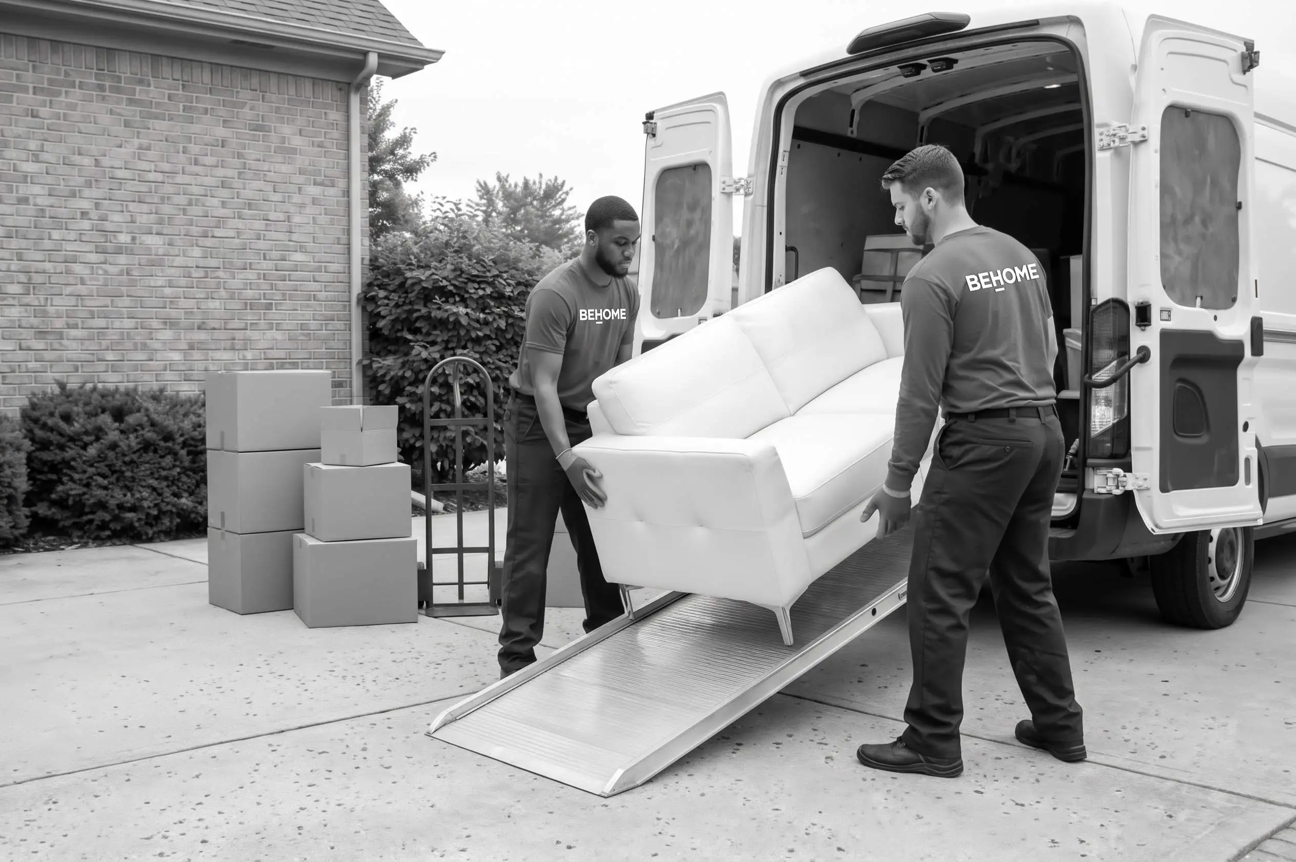 Due operatori logistici con divisa BEHOME caricano un divano usato su un furgone, illustrando il servizio comodo ed ecosostenibile di ritiro e smaltimento del vecchio arredamento.