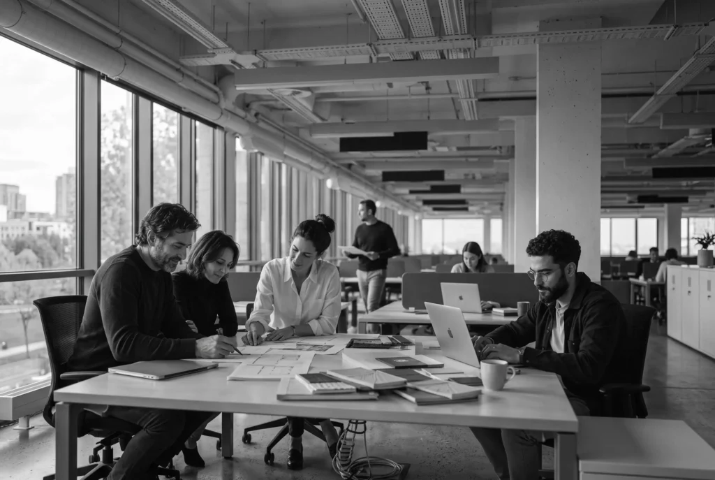 Un team di giovani professionisti BEHOME collabora attivamente a un progetto in un ufficio moderno e luminoso, simbolo di un ambiente di lavoro dinamico, accogliente e inclusivo.