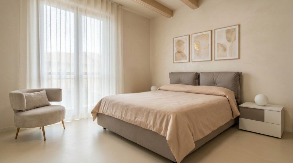 Camera da letto matrimoniale dai toni neutri per ingrandire visivamente gli spazi con Letto Amelia