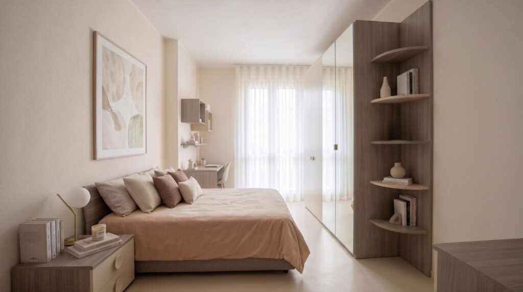 Cameretta moderna modulare modello Mila in finitura legno Cenere Wood e panna, con soluzioni salvaspazio