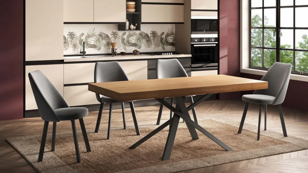 Luminosa zona pranzo Behome con elegante tavolo in legno, sedie imbottite grigie e grande tappeto su parquet, affiancata da una finestra con vista e una cucina moderna sullo sfondo.