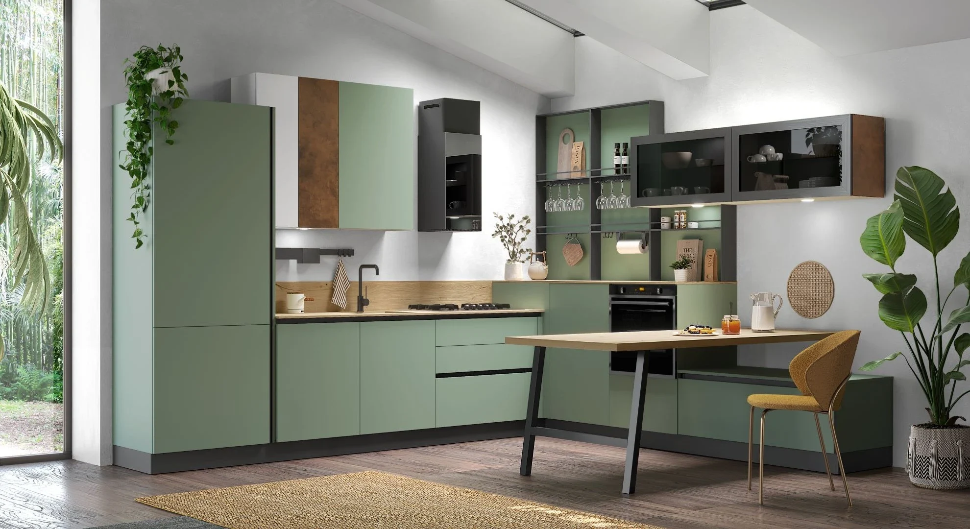 Ampia Cucina Angolare Ines Muschio verde salvia: piano snack in legno, sedia ocra, pensili a vetro.