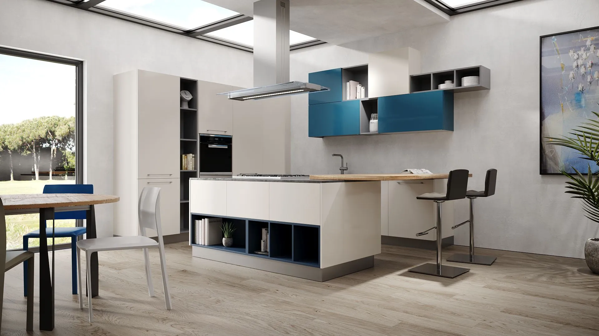 Cucina Con Isola Dafne Sky: basi bianche e blu, piano snack in legno con sgabelli neri e pensili colorati sospesi.