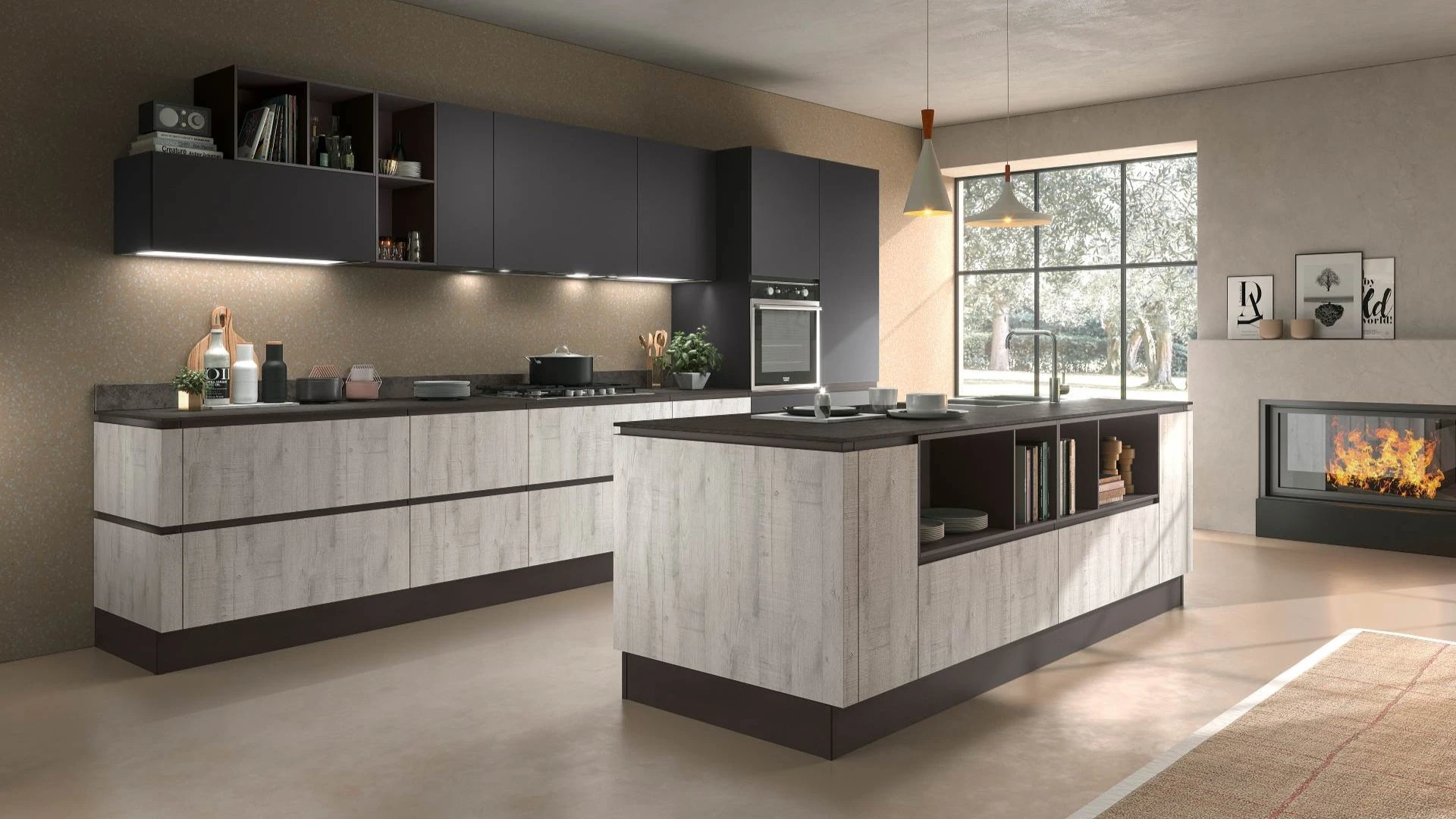 Ampia Cucina Moderna Ines It aperta sul living: isola in legno chiaro con vani a giorno, pensili scuri e camino.