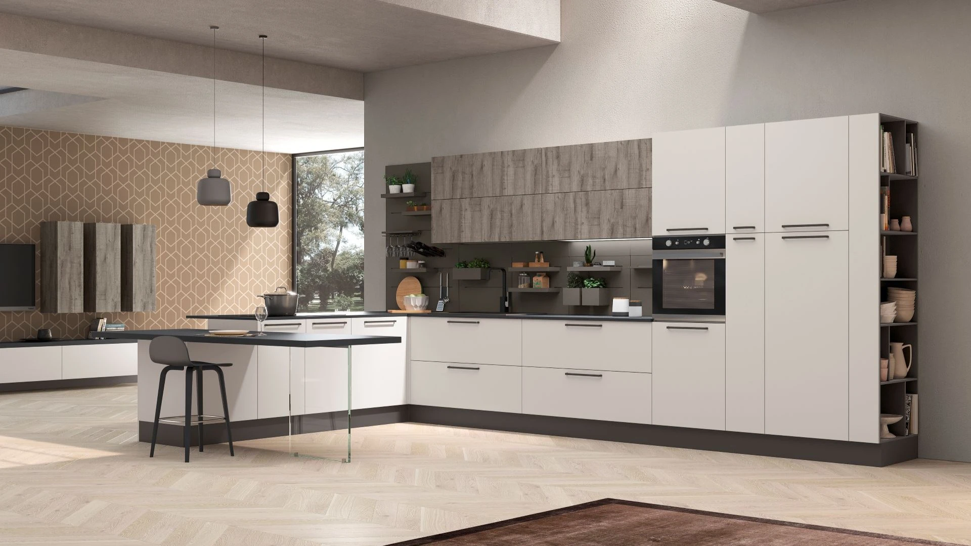Cucina Con Penisola Ines Top: basi bianche, pensili in legno, piano snack con gamba in vetro e colonne con vani a giorno.