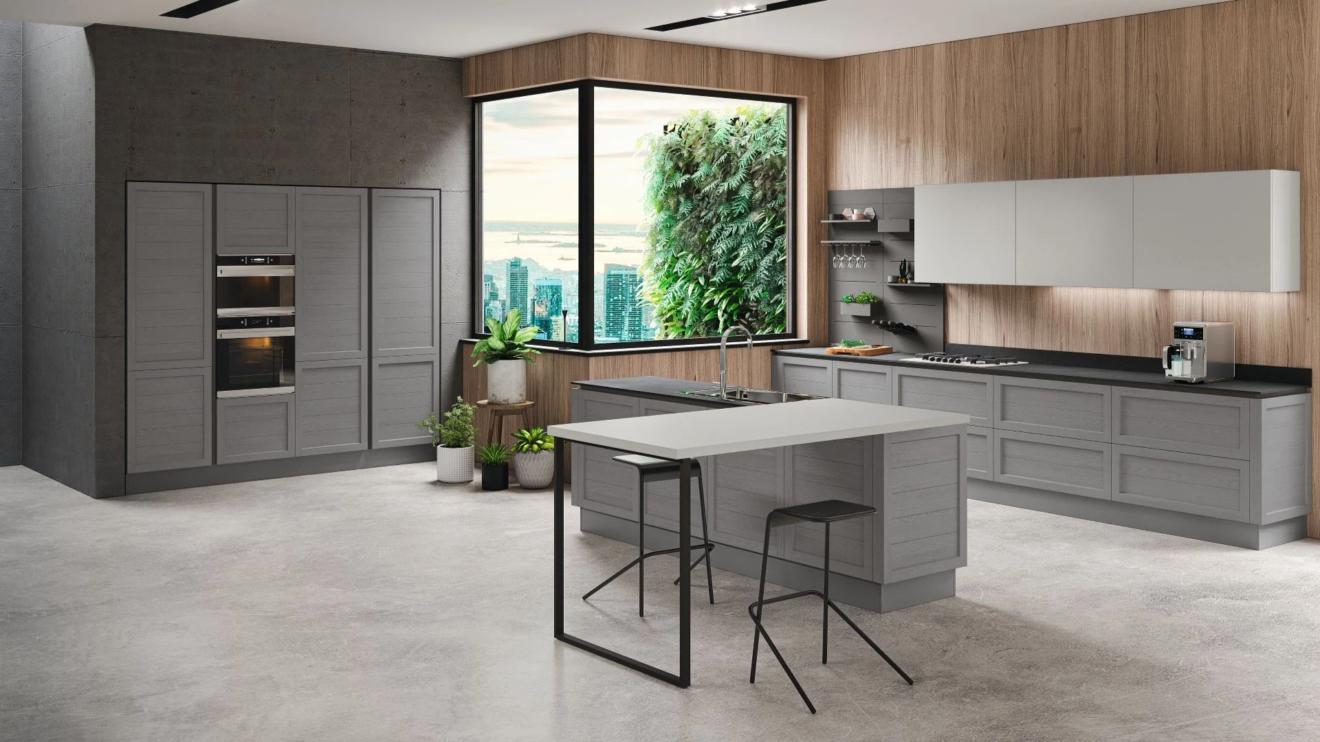 Cucina con isola Glenda In di BEHOME: mobili grigi, isola bianca, colonne con doppio forno e parete in legno.