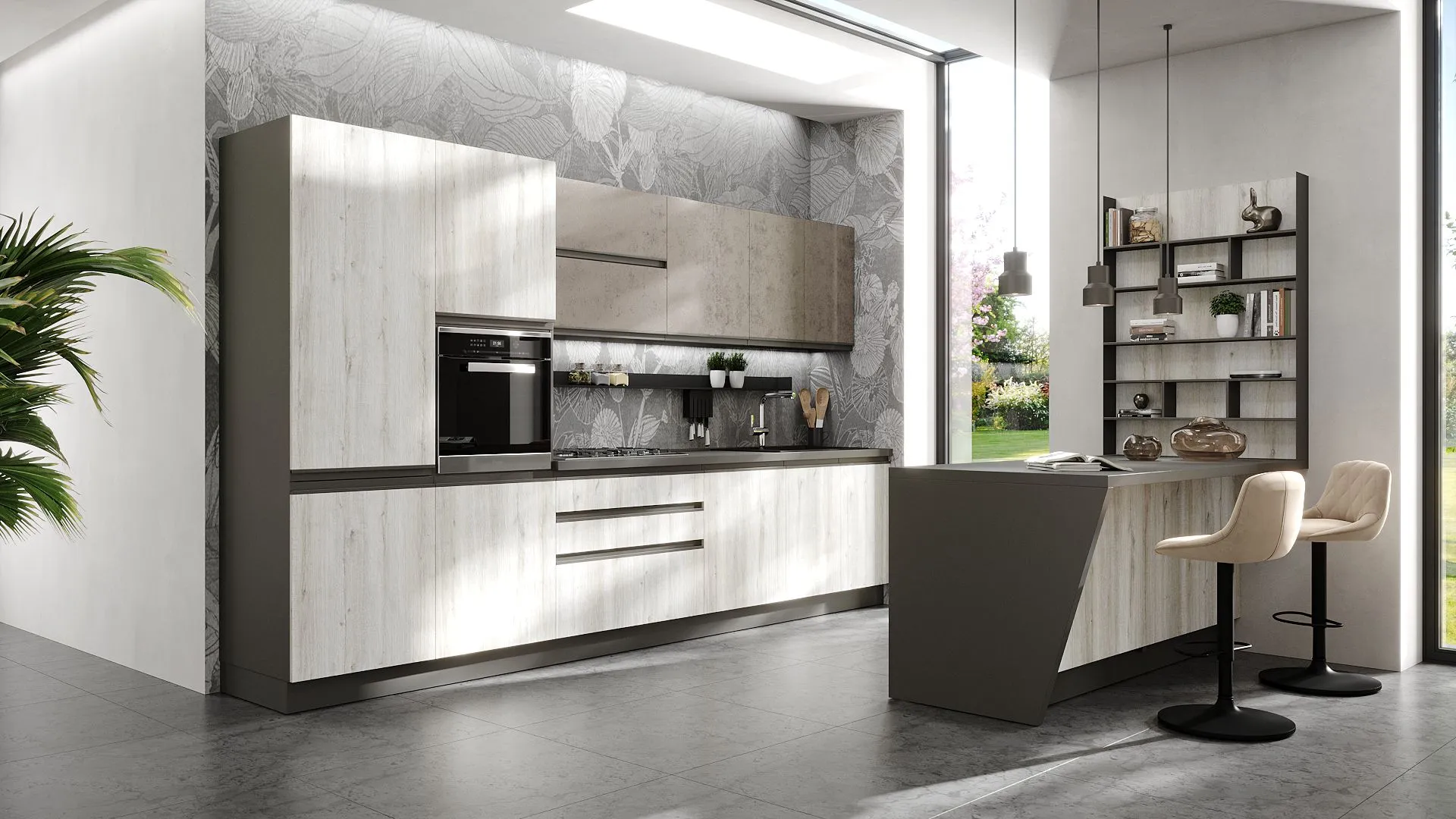 Cucina con isola Ines Flower di BEHOME: mobili chiari e grigi, carta da parati floreale, bancone e due sgabelli.