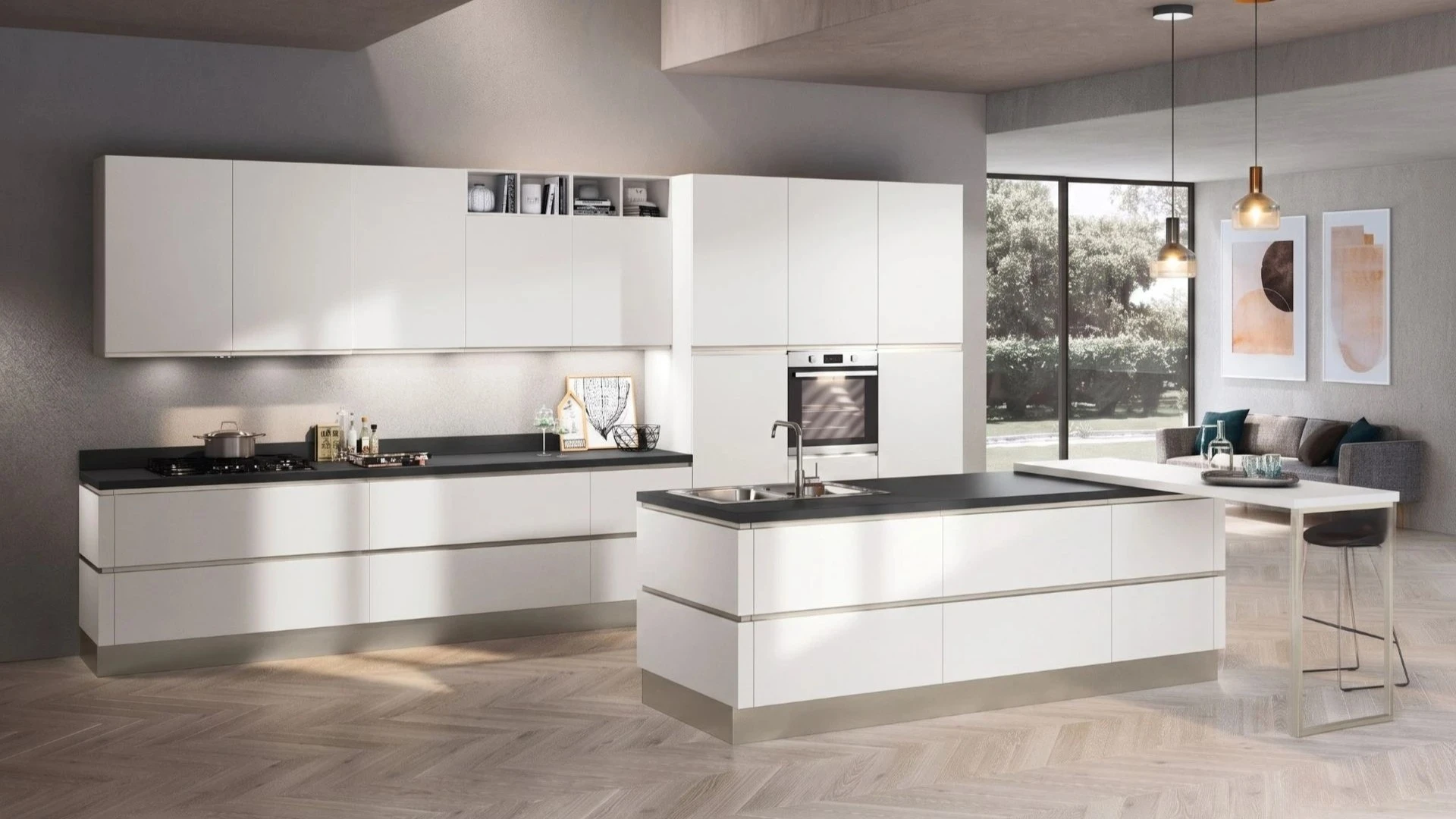 Cucina con isola Ines White di BEHOME: mobili bianchi, top scuro, penisola integrata e soggiorno sullo sfondo.