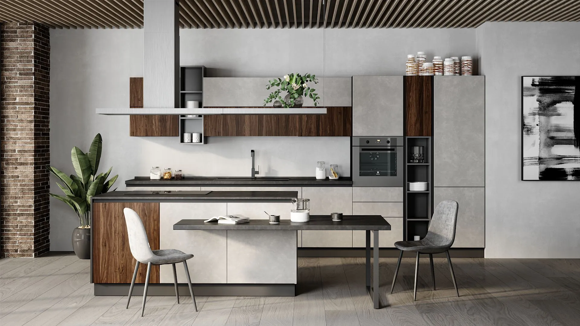 Cucina con isola Libra Gray di BEHOME: mobili grigio cemento, dettagli in legno scuro, tavolo integrato e due sedie.
