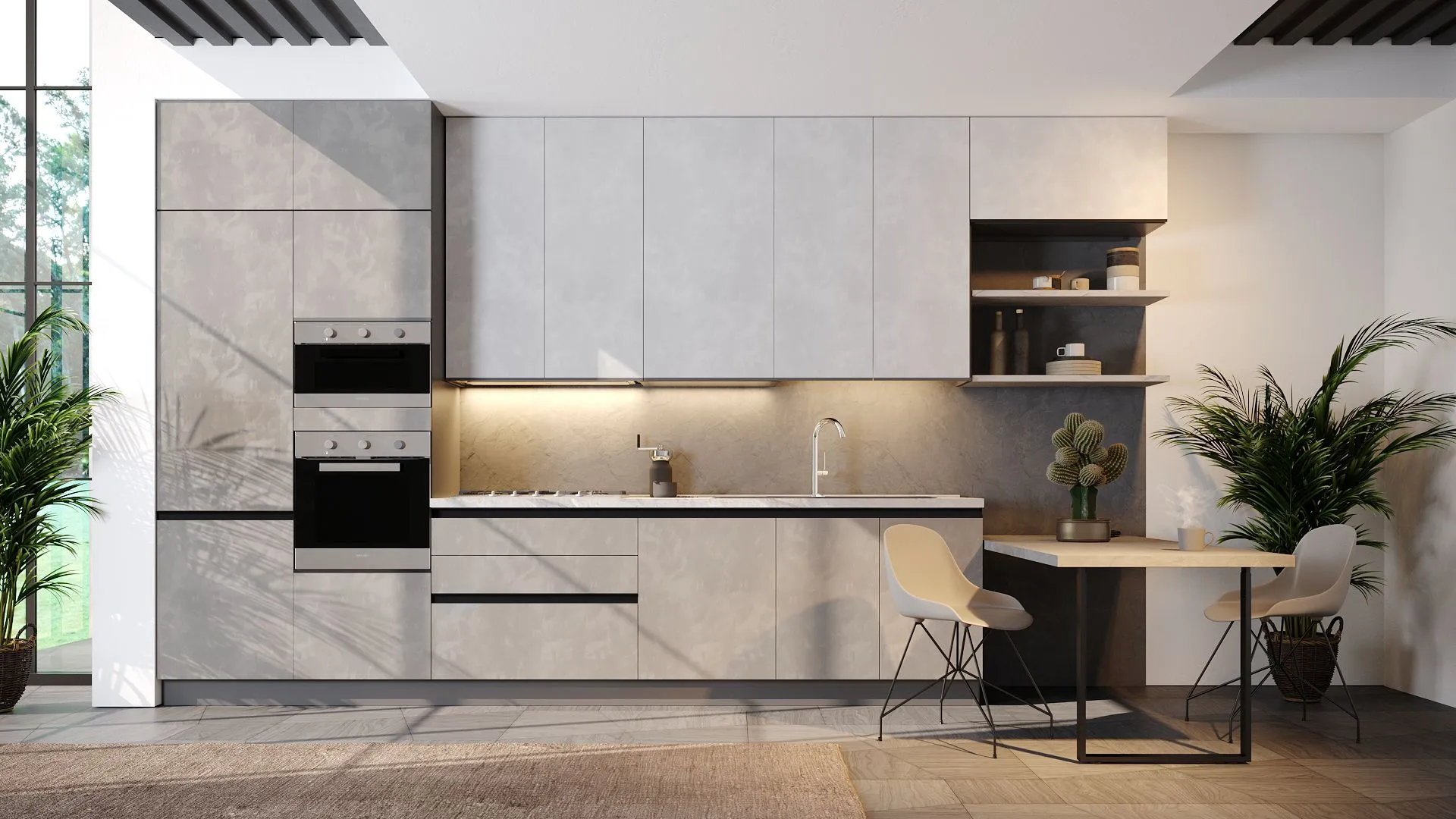 Cucina Con Penisola Karma Full grigia: colonne con doppi forni, top chiaro, tavolo in legno integrato e sedie bianche.