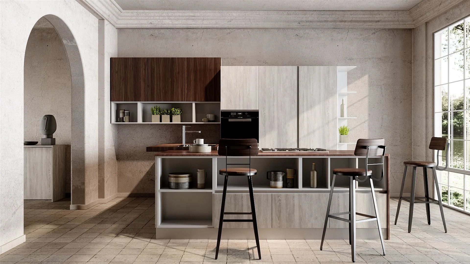 Moderna cucina Venere BEHOME: isola con vani a giorno, finiture in doppio legno e tre sgabelli alti.