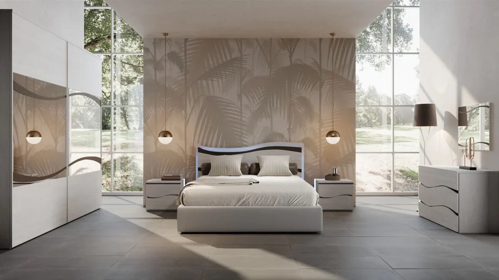 Camera da letto Cristi di BEHOME con letto bianco, testiera a onda con led, arredi coordinati e armadio con specchi.