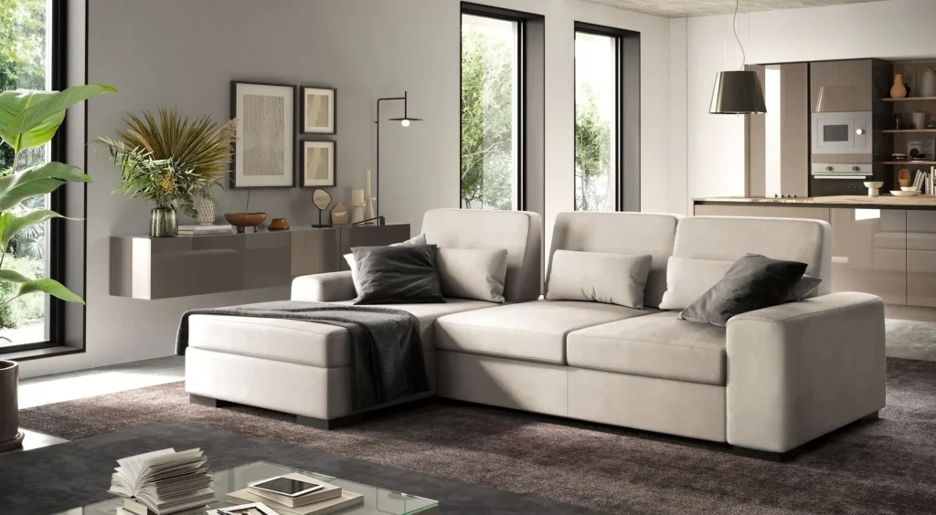 Divano con chaise longue Astra di BEHOME in tessuto chiaro in un soggiorno moderno.