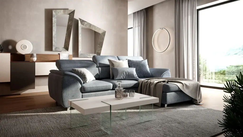 Divano con chaise longue Veliero di BEHOME in un salotto moderno.