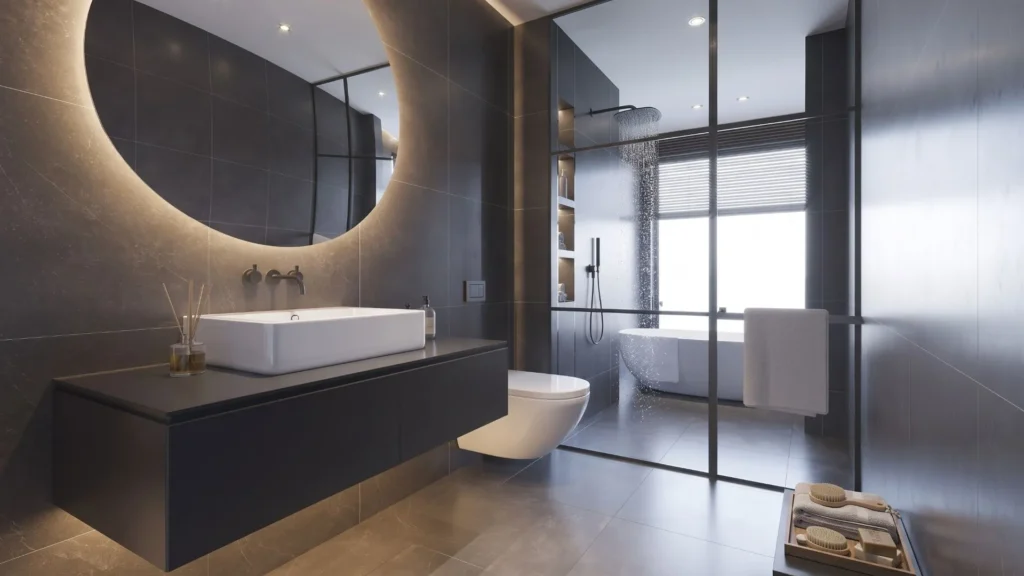 Mobile bagno sospeso Denis di BEHOME grigio scuro con lavabo bianco e specchio rotondo.