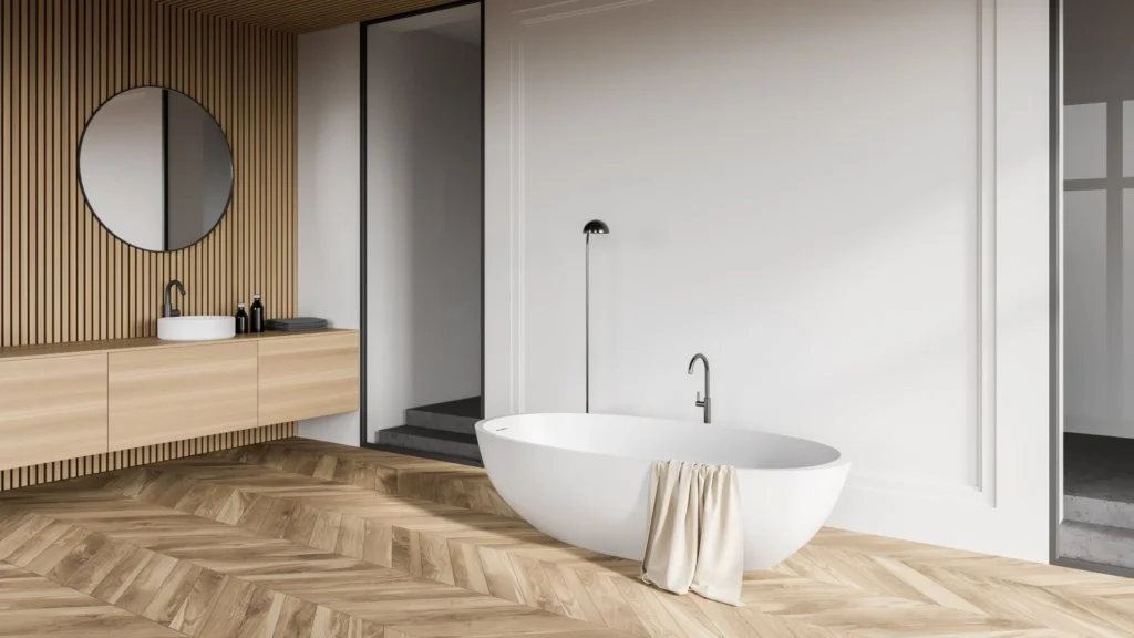 Mobile bagno sospeso Tom di BEHOME in legno chiaro con specchio rotondo.