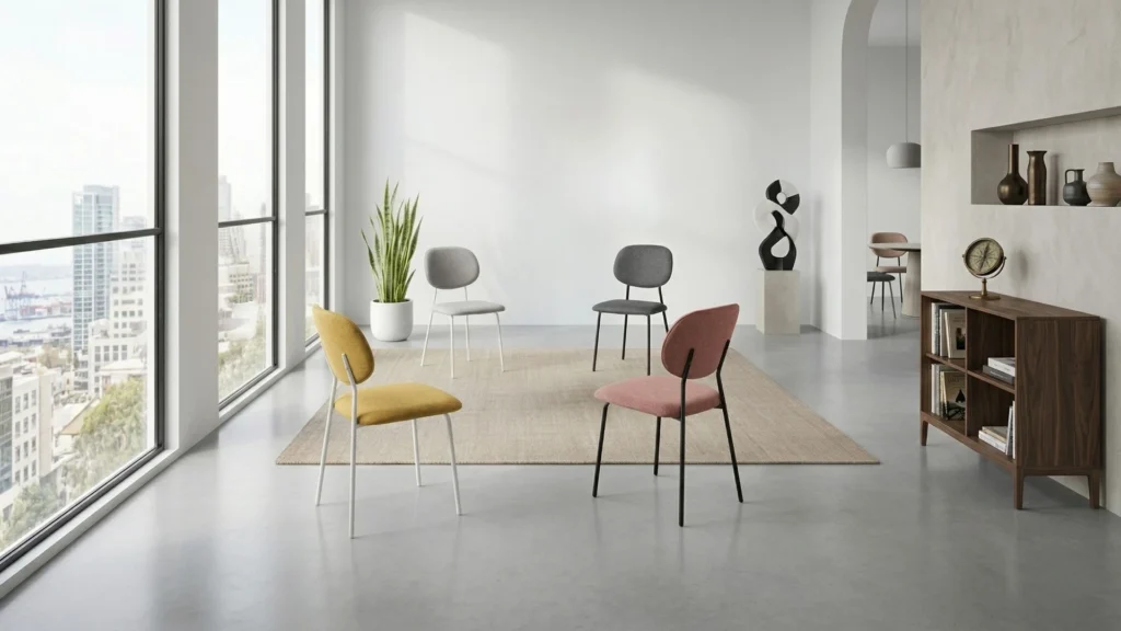 Gruppo di sedie in tessuto Elia BEHOME di vari colori in un ambiente moderno.