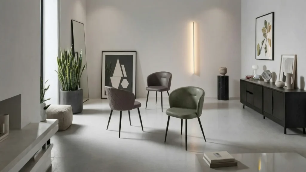 Gruppo di sedie in ecopelle Rumba BEHOME di vari colori in un ambiente moderno.