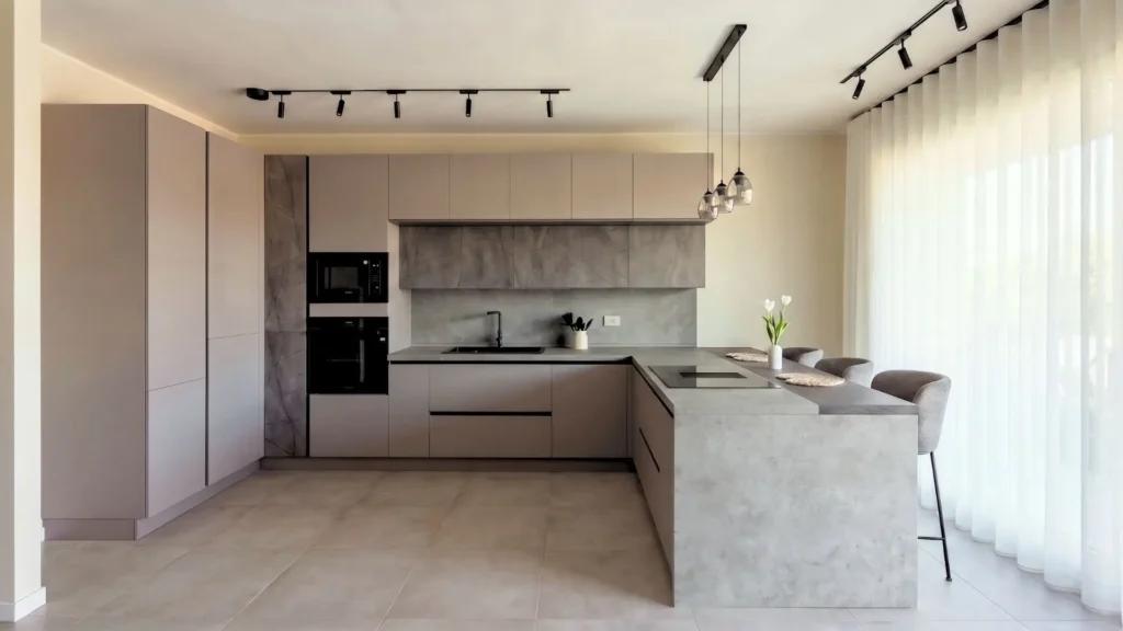 Cucina moderna Ines BEHOME color fango con top marmo e gola antracite, showroom Cinisello Balsamo