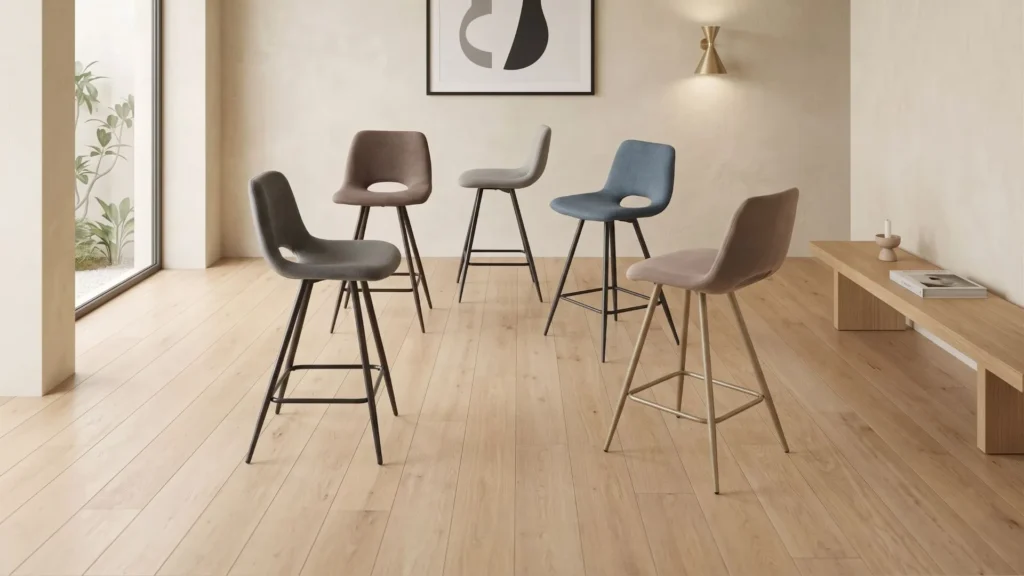 Gruppo di sgabelli in tessuto Lisa BEHOME di vari colori in un ambiente moderno.