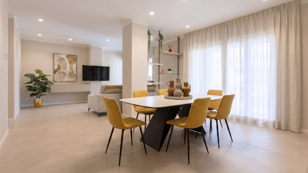 Sala da pranzo moderna in open space con tavolo Blade Calacatta Gold e sedie color senape modello Kira