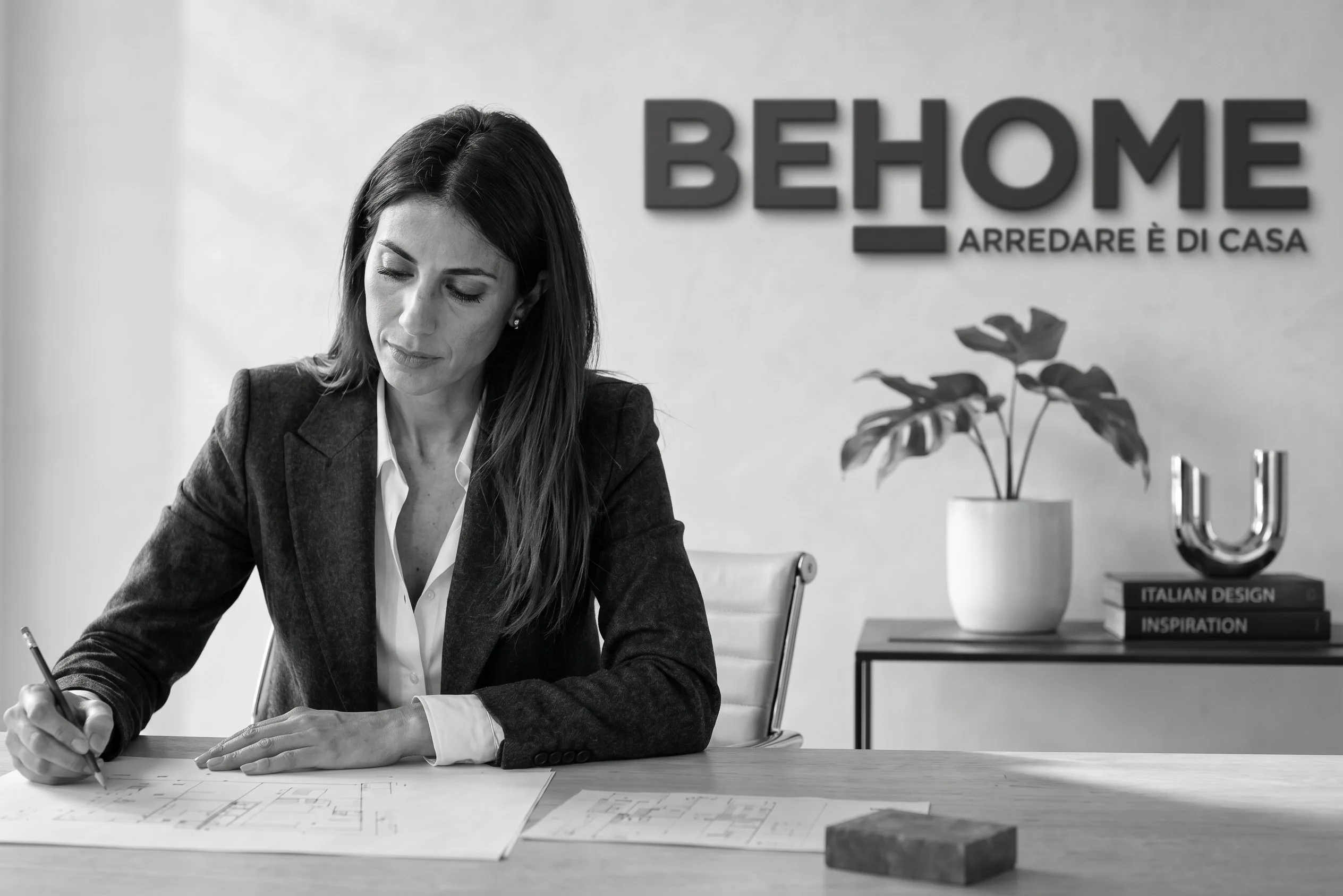 Una professionista concentrata nel disegno di un progetto alla scrivania con il logo BEHOME sullo sfondo, a rappresentare la vocazione per l'arredamento e le opportunità di carriera in azienda.