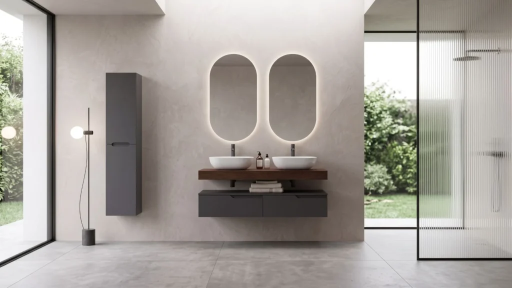 Moderno bagno con mobile sospeso Sapodilla di BEHOME in legno e antracite, due lavabi a ciotola, specchi ovali retroilluminati e doccia in vetro.