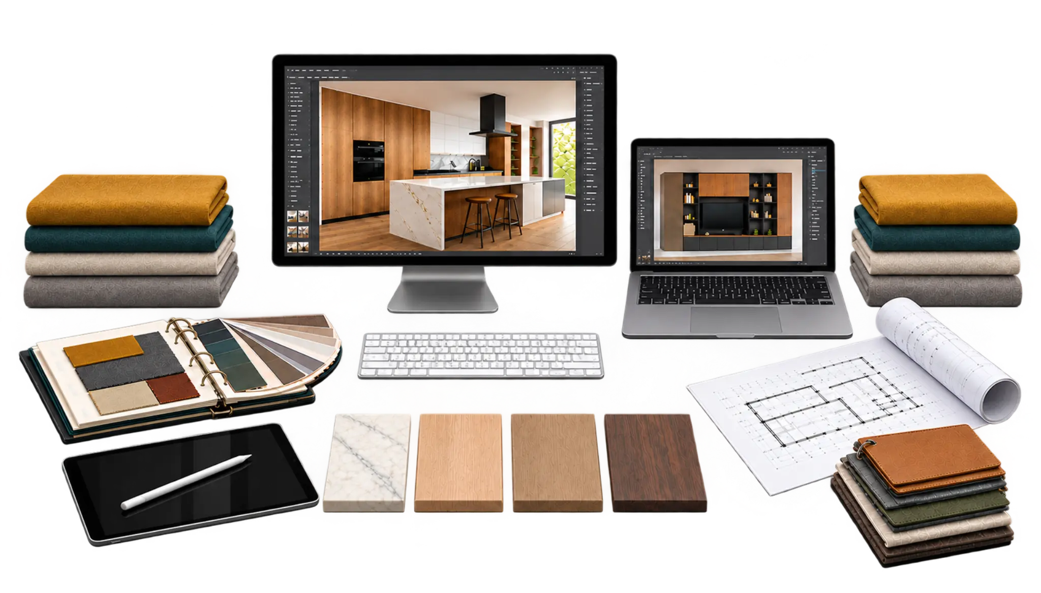Scrivania da interior designer con schermi che mostrano progetti 3D, tablet e campionari di tessuti per la consulenza d'arredo gratuita BEHOME.